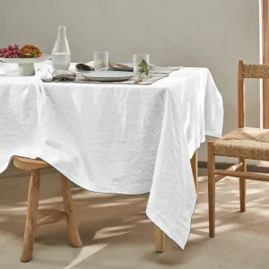 Toalha de mesa retangular com borda de crochê sob medida em linho lavado branco óptico