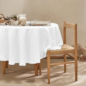 Toalha de mesa redonda bordado rolinho em linho lavado branco óptico