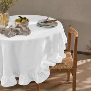 Toalha de mesa redonda com folhos em linho lavado branco óptico