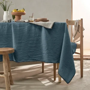 Toalha de mesa rectangular sob medida com ponto cobertor em linho lavado azul francês