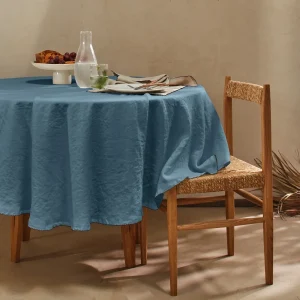 Toalha de mesa redonda sob medida com crochê em linho lavado azul francês