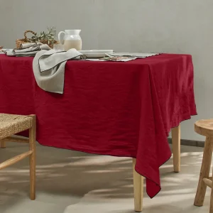 Toalha de mesa retangular sob medida bordado rolinho em linho lavado bordô