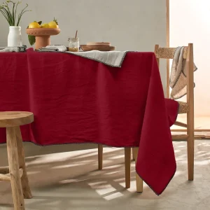 Toalha de mesa rectangular sob medida com ponto cobertor em linho lavado bordô