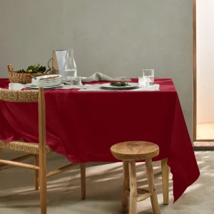 Toalha de mesa retangular em linho lavado bordô