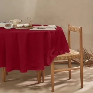 Toalha de mesa redonda bordada ponto aberto em linho lavado bordô