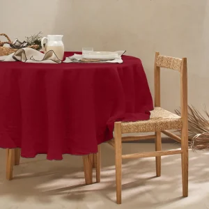 Toalha de mesa oval sob medida bordado rolinho em linho lavado bordô