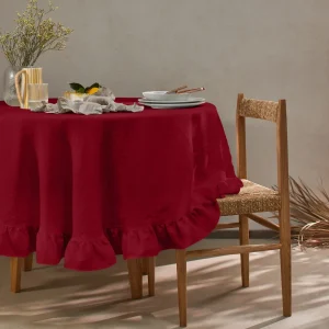 Toalha de mesa redonda com folhos em linho lavado bordô
