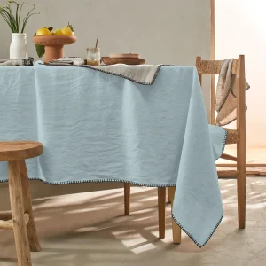 Toalha de mesa rectangular sob medida com ponto cobertor em linho lavado azul glaciar