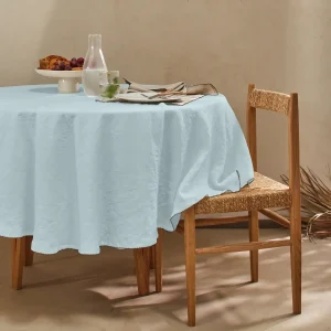 Toalha de mesa oval sob medida com crochê em linho lavado azul glaciar
