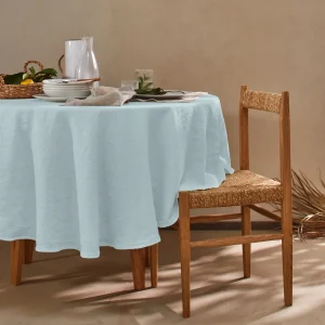 Toalha de mesa redonda em linho lavado azul glaciar