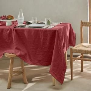 Toalha de mesa rectangular com crochet em linho lavado tijolo