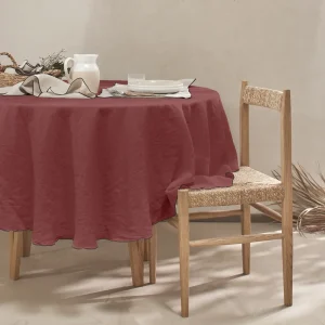 Toalha de mesa redonda sob medida bordado rolinho em linho lavado tijolo