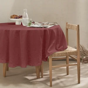 Toalha de mesa redonda com crochê em linho lavado tijolo