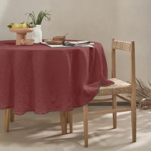 Toalha de mesa redonda sob medida com ponto cobertor em linho lavado tijolo