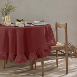 Toalha de mesa redonda com folhos em linho lavado tijolo