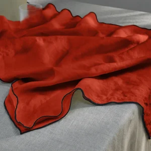 Caminho de mesa borda ponto rolinho em linho lavado coral