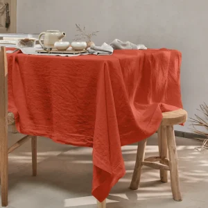 Toalha de mesa retangular sob medida ponto aberto em linho lavado coral