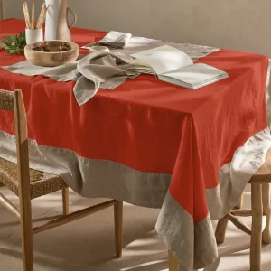 Toalha de mesa rectangular bicolor em linho lavado coral