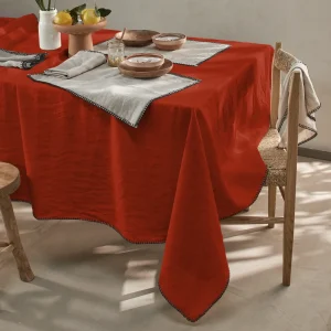 Toalha de mesa retangular bordada ponto de cobertor em linho lavado coral