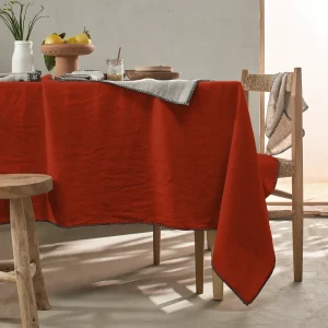 Toalha de mesa rectangular sob medida com ponto cobertor em linho lavado coral