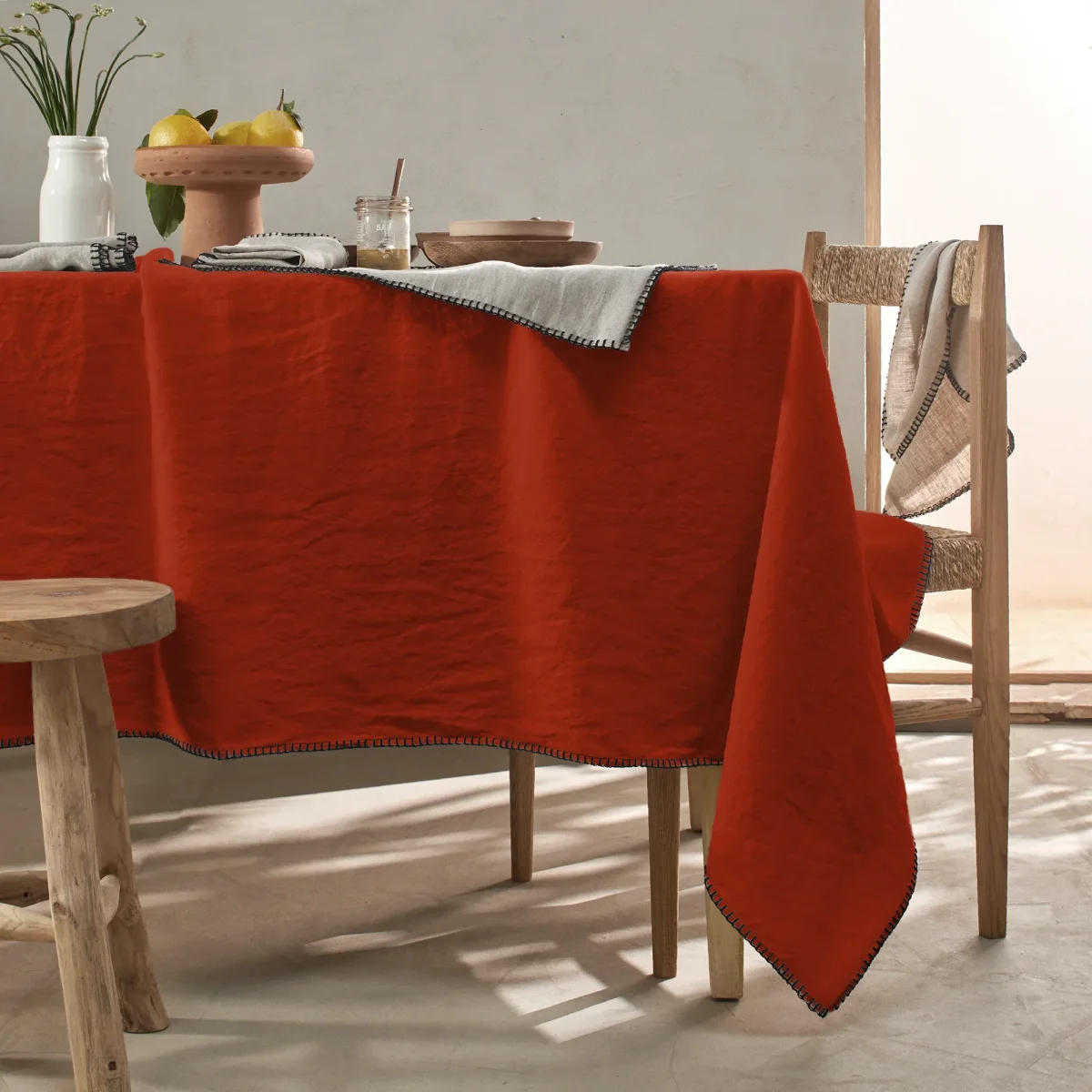 Toalha de mesa rectangular sob medida com ponto cobertor em linho lavado coral - Image 2