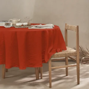 Toalha de mesa oval ponto aberto sob medida em linho lavado coral