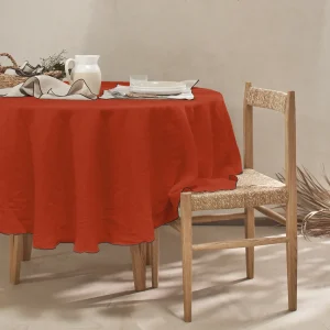 Toalha de mesa oval sob medida bordado rolinho em linho lavado coral