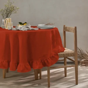 Toalha de mesa redonda com folhos sob medida em linho lavado coral