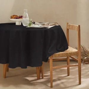 Toalha de mesa redonda com crochê em linho lavado preto