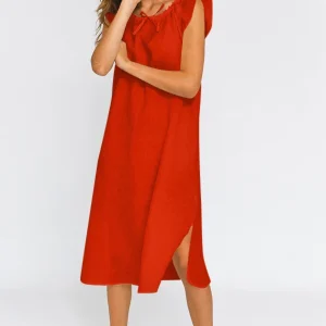 Camisa de dormir midi em linho coral - Rosa