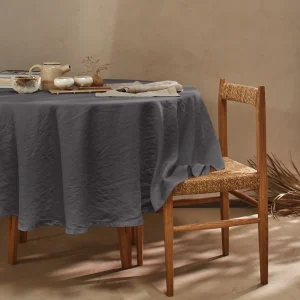 Toalha de mesa oval ponto aberto sob medida em linho lavado cinza chumbo