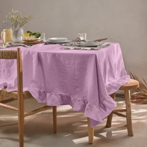 Toalha de mesa retangular com folhos sob medida em linho lavado lilás