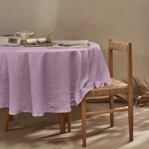 Toalha de mesa redonda ponto aberto sob medida em linho lavado lilás