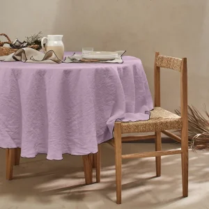 Toalha de mesa redonda bordado rolinho em linho lavado lilás