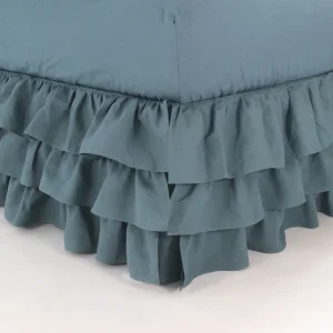 Capa de sommier com folhos cascata em linho azul francês