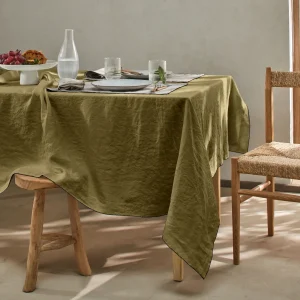 Toalha de mesa retangular com borda de crochê sob medida em linho lavado verde azeitona