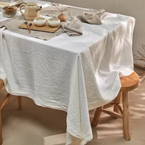 Toalha de mesa retangular sob medida ponto aberto em linho lavado marfim