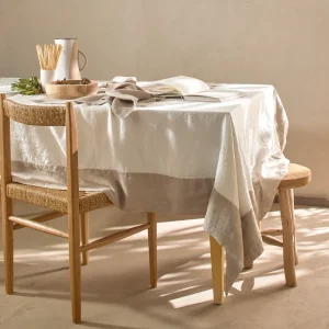 Toalha de mesa rectangular bicolor em linho lavado marfim