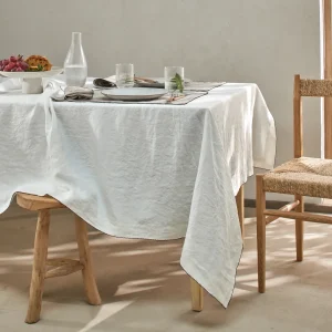 Toalha de mesa rectangular com crochet em linho lavado marfim