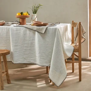 Toalha de mesa rectangular sob medida com ponto cobertor em linho lavado marfim