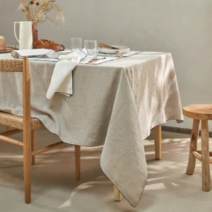 Toalha de mesa retangular com borda de crochê sob medida em linho lavado natural
