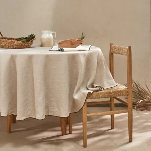 Toalha de mesa oval sob medida bordado rolinho em linho lavado natural