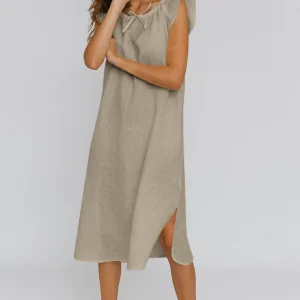 Camisa de dormir midi em linho natural - Rosa