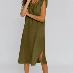 Camisa de dormir midi em linho verde azeitona - Rosa