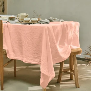 Toalha de mesa retangular sob medida ponto aberto em linho lavado rosa