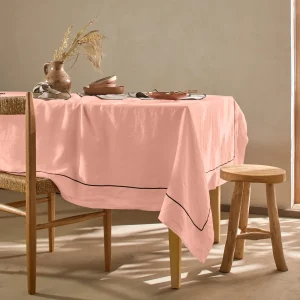 Toalha de mesa retangular sob medida barra bourdon em linho lavado rosa