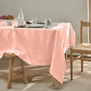 Toalha de mesa retangular com borda de crochê sob medida em linho lavado rosa