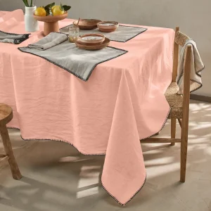 Toalha de mesa retangular bordada ponto de cobertor em linho lavado rosa