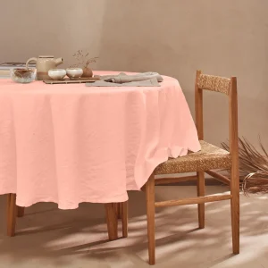 Toalha de mesa oval ponto aberto sob medida em linho lavado rosa