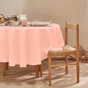 Toalha de mesa redonda sob medida bordado rolinho em linho lavado rosa